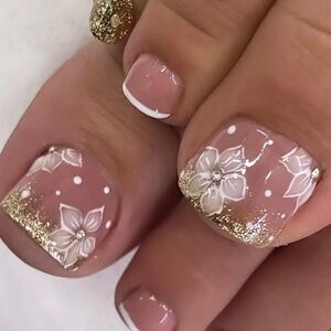 24pcs Sparkling Golden Glitter Flower Press On Toenails with Rhinestone